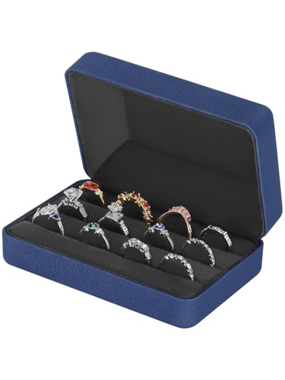 Blue Velvet Ring Box 3 Slot Travel Jewelry Case Portable Ring Organizer Gift